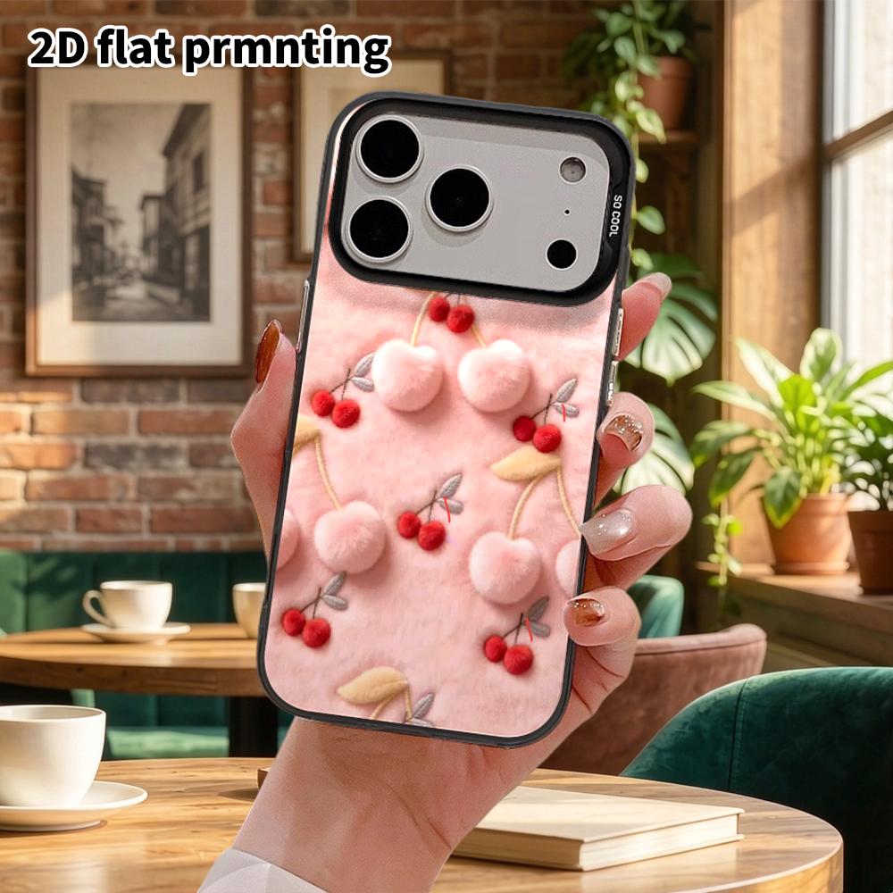 Phone Case: 2D Flat Design Suitable for iPhone 18, 17, 16, 15, 14, 13 Pro, Color Silver Protective Case, Couple Style, Pink Cherry Plush, Christmas an