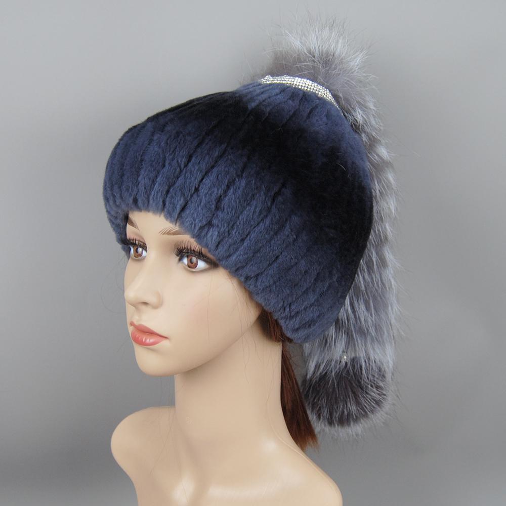 Russia New Style Women Natural Real Fox Fur Beanies Hat Girls Natural Real Rex Rabbit Fur Skullies Cap Knit Winter Real Fur Hats