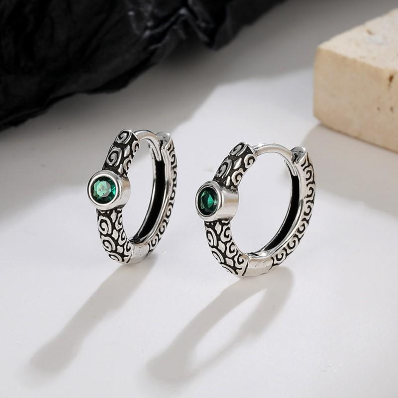 Vintage Thai Silver Green Zircon Hoop Earrings for Women Retro Circle Punk Ear Buckle Party Jewelry Gifts