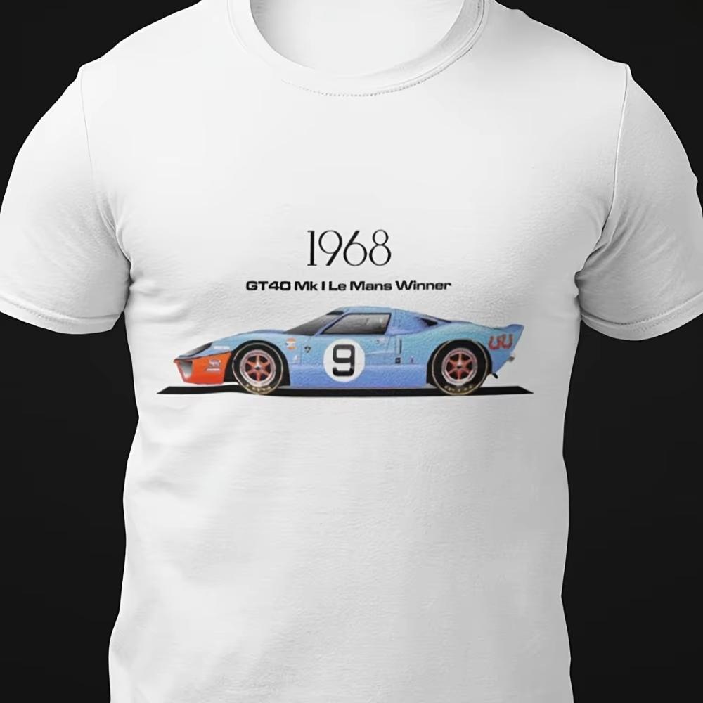 Camiseta Retro de Carreras GT40 de 1968 Estampada con el Coche de Carreras Nº 9 y Logotipos de Patrocinadores Casual Coleccionable Tejido Ligeramente Elástico Verano