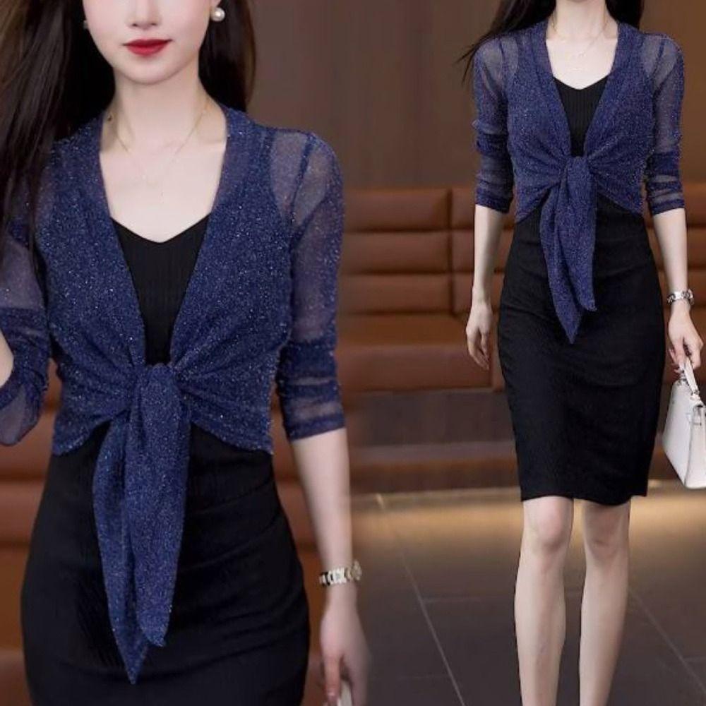 Shiny Mesh Shawl Transparent Short Coat Sunscreen Cropped Blouse  Winter/Autumn/Spring/Summer