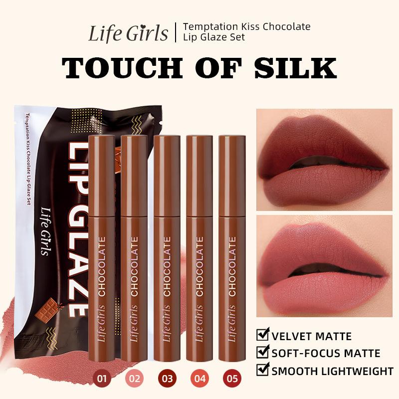Life Girls Шоколадный Блеск для Губ, Не Смазывается, Не Прилипает к Чашке, Матовый Водонепроницаемый Стойкий Набор Помад, 5 Штук Жидкой Помады 1.5g*5