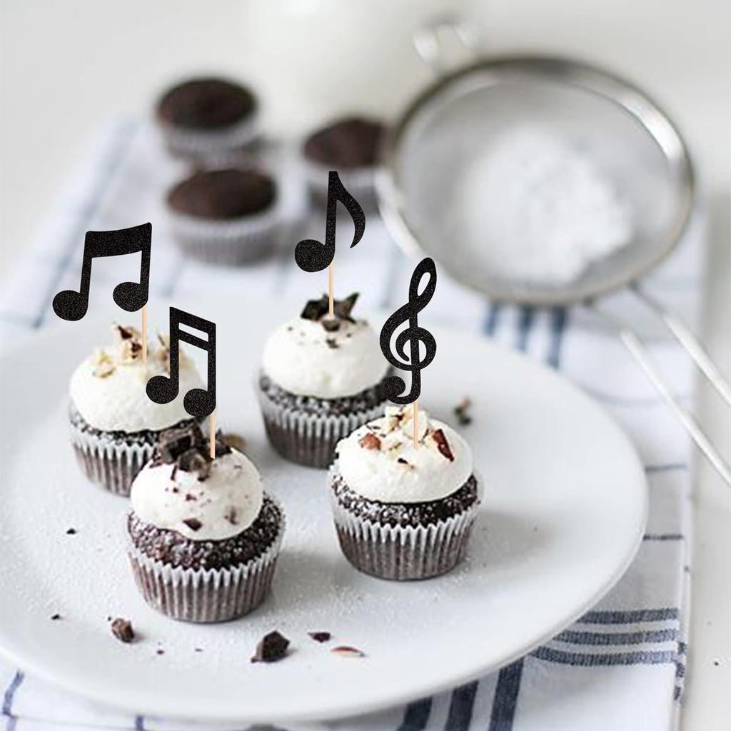 16PCS Music Notes Cupcake Toppers Black Glitter Musical Symbol Cupcake Picks for Rock Music Concert Theme Baby Shower Wedding B