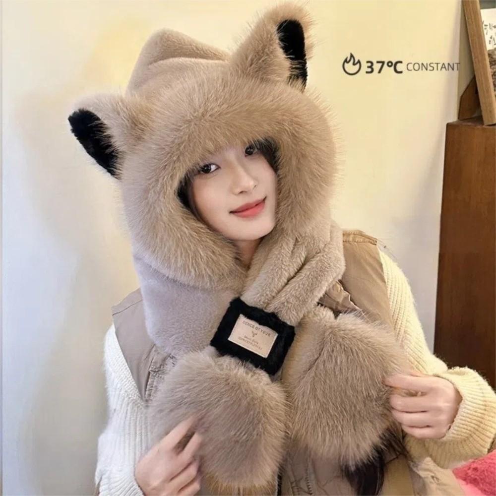 Two-Piece Set Plush Bear Hat Scarf Thickened Neck Warmer Hat Cute Ear Protection Hooded  Winter