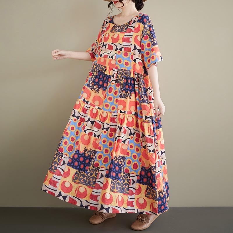 Kısa kollu Artı boyutu vintage çiçekli yeni kadınlar için elbiseler gündelik gevşek uzun yazlık elbise