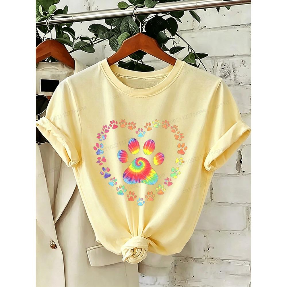 Dog Paw Print Heart Animal Lover T-Shirts Colorful Dog Paw Colorful Dog Paw Shirts Heart Anime Women's T-Shirts Short Sleeve