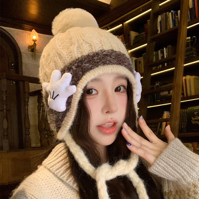 Cute Palm Warm Ear Protecting Hat for Women A Versatile Japanese Style Cold Proof Woolen Knitted Hat for Autumn and Winter  and A Cycling Headscarf