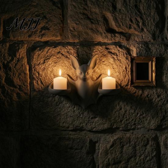Spooky Wall Hanging Gothic Bat Candle Holder, 3D Printed Double Sconce Candlestick with Decorative for Room 2 Electronic Candles, Dark Style Halloween