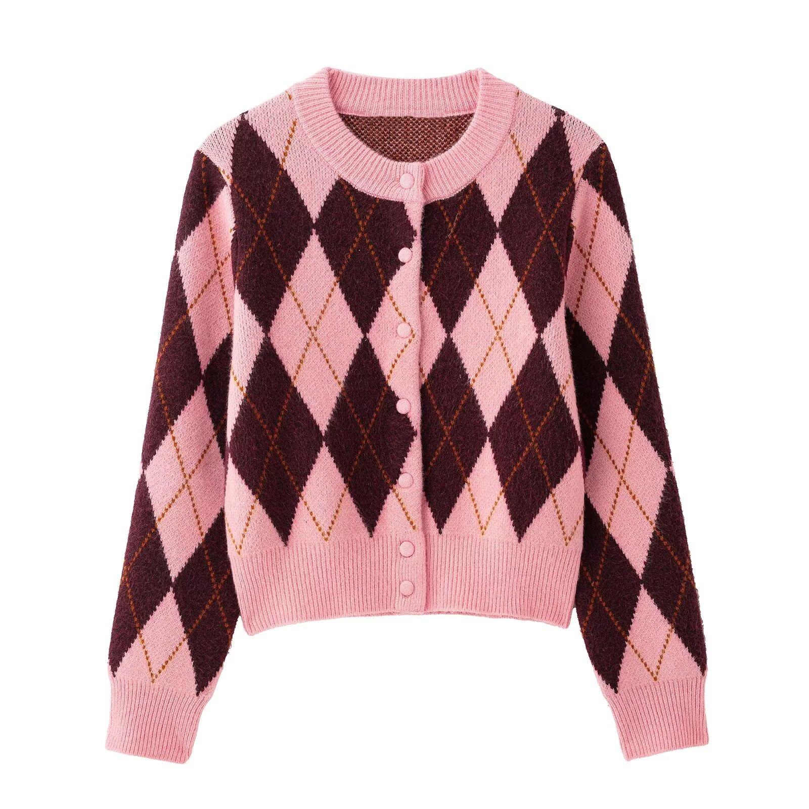 

2025 Spring Women s Diamond Jacquard Knit Cardigan Small розовый