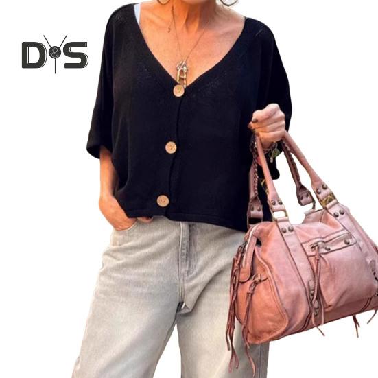 

Женские топы с V-образным вырезом, рукавом до локтя, на пуговицах, с планкой, свободные однотонные летние повседневные трикотажные топы S чёрный