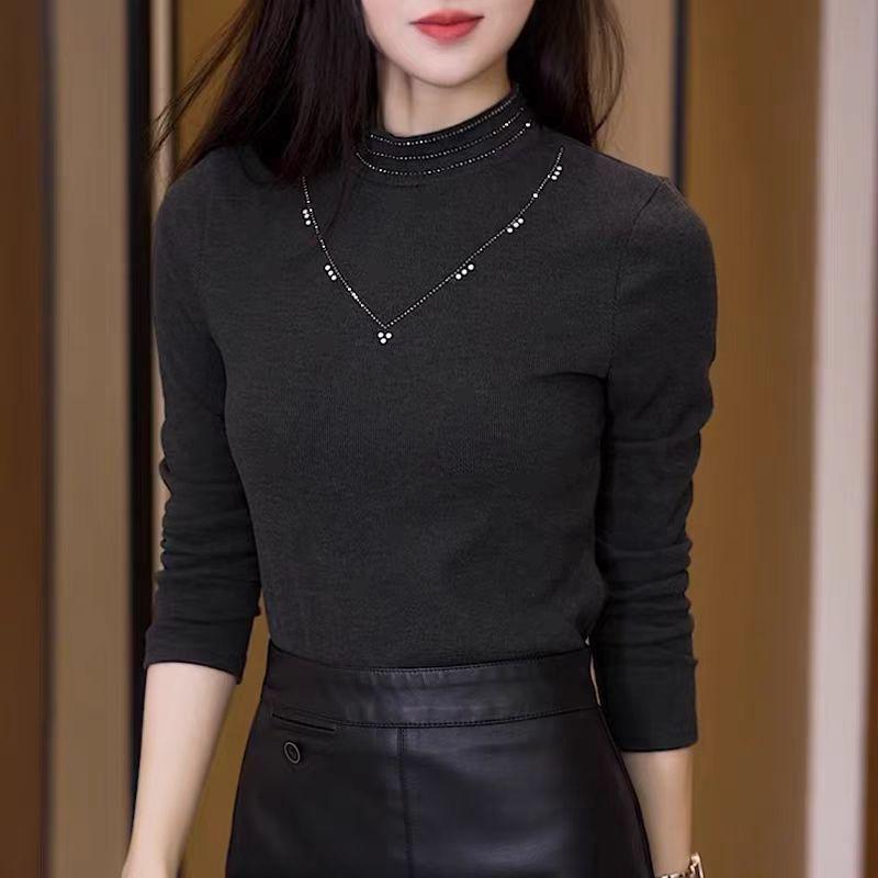 

Elegant Rhinestone Long-Sleeve Tummy-Covering Top for Middle-Aged and Elderly Women 5XL серый
