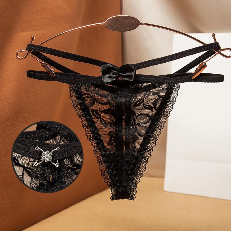 Women Sexy Bow Crotchless Panties Soft Floral Lace Sheer G-String Mesh Hollow Out Thongs T-Back Underwear Low Rise Underpant