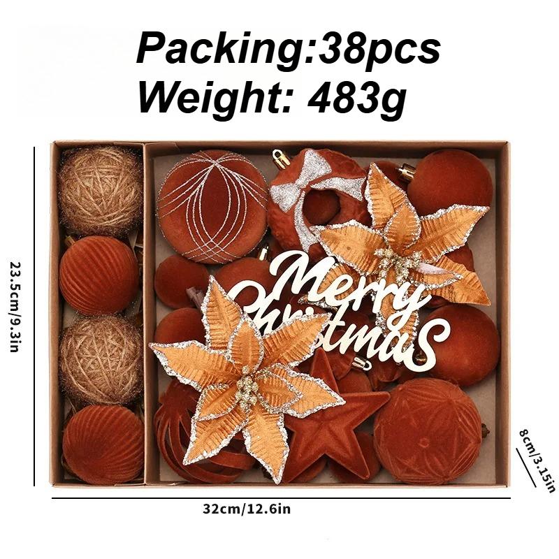 38PCS Luxury Plush Christmas Ball Set Xmas Ball Tree Top Star Bow Flower Combination Santa Tree Decor Set Christmas Home Decor