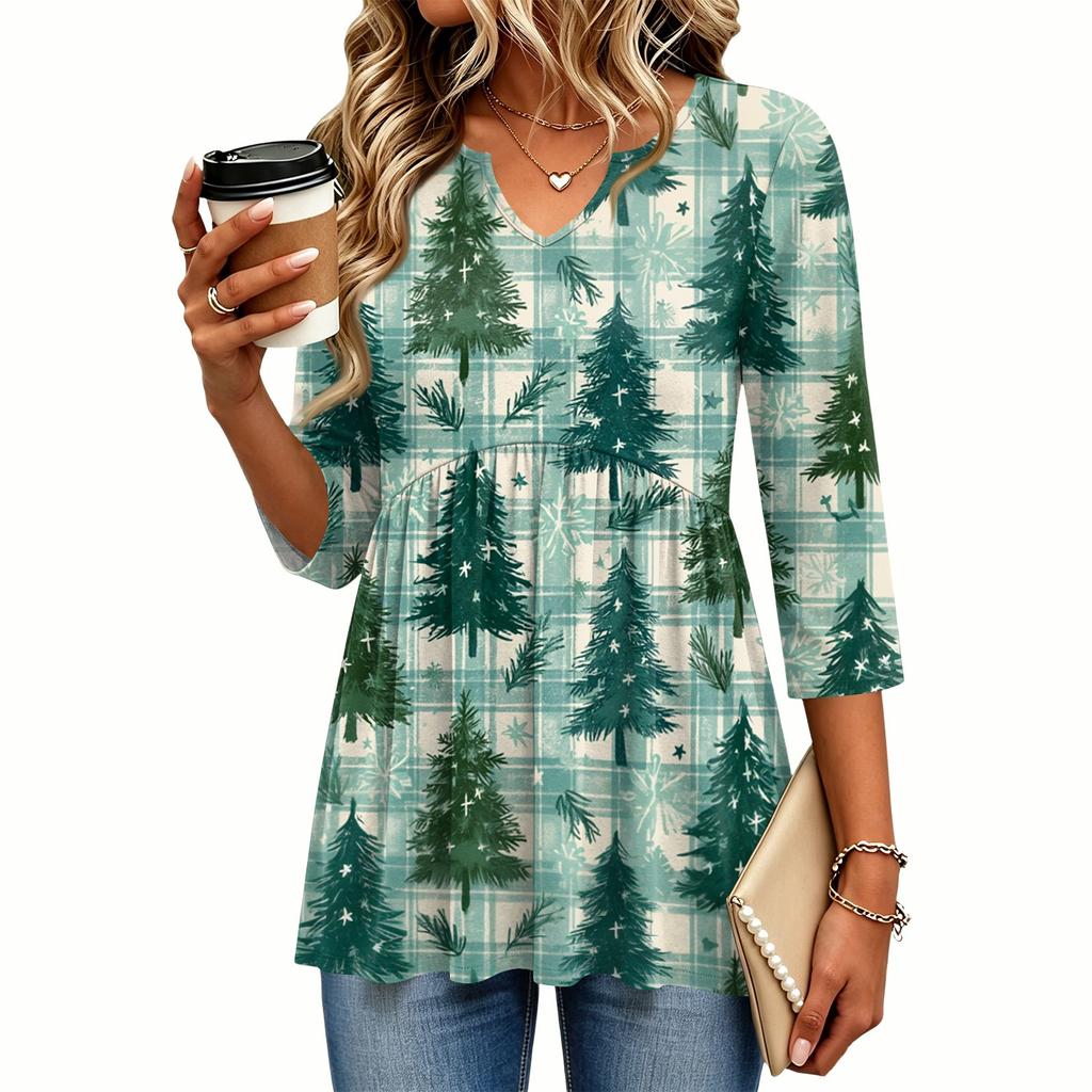 Women's Christmas Print V-Neck Three-Quarter Sleeve Casual Shirt for Holiday