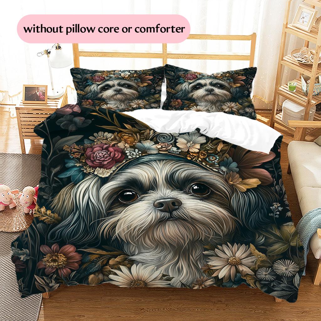 Vintage Shih Tzu Pattern Bedding Home Decoration Birthday Gift (1 * Duvet Cover + 2 * Pillowcase, Without Core)