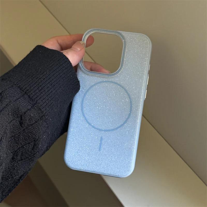 

Блестящий однотонный чехол Galaxy MagSafe для iPhone 16 pro max 15 14 13Pro, простой, модный, с беспроводной зарядкой, нескользящий, жесткий чехол для ПК iPhone 12 небесно-голубой