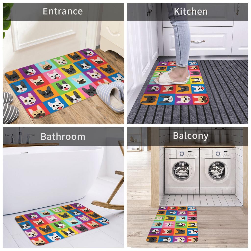 Pop Art Style French Bulldog Faces Doormat Mat Anti-Slip Frenchies Dog Pet Gift Kitchen Bath Garden Rug Carpet