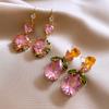 Exquisite Pink Zircon Rhinestone Earrings Love Heart Water Drop Flower Dangle Earrings For Women Party Ear Jewelry K-