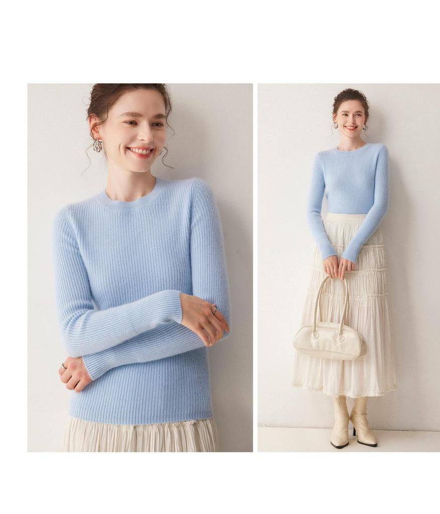 Autumn/Winter Women's Striped 100% Cashmere Round Neck Slim Knit Sweater