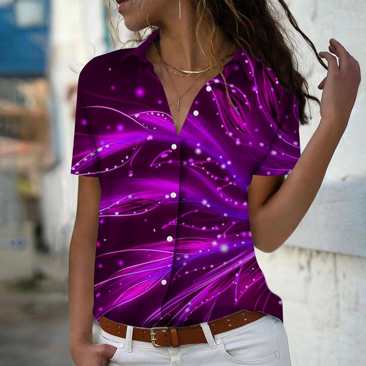 

2025 Summer New Fashion Women s Leaf Printed Short Sleeve V-neck Casual Button-down Shirt Top XS фіолетовий