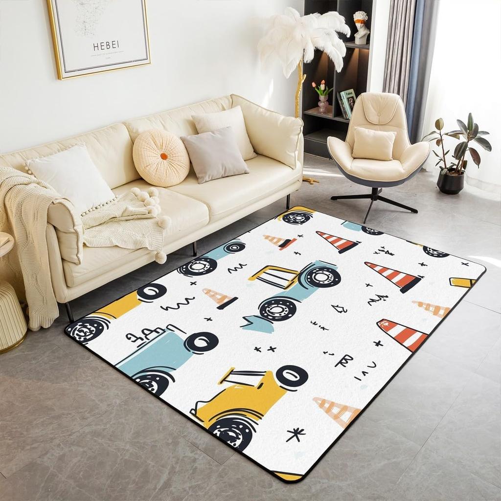 Cartoon Car Kids Area Rug for Bedroom Living Room, Construction Vehicles Indoor Floor Mat for Boys Girls Teens, Dinosaur Yellow