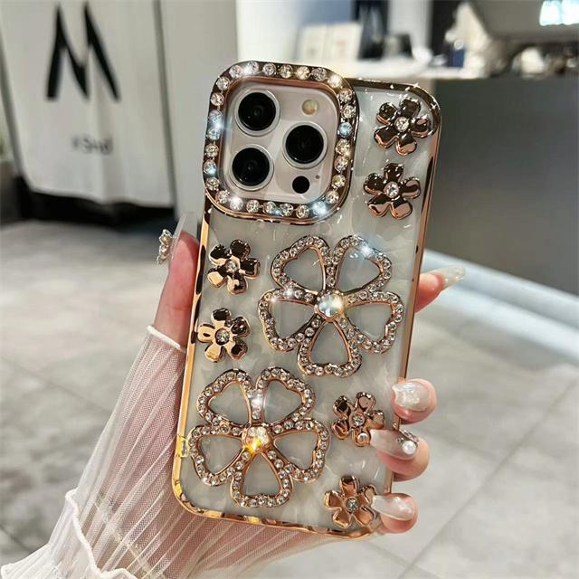 For iPhone 15 Pro Max Luxury Flowers Flash Diamond Plating Frame Phone Case For iPhone 11 12 13 14 16 Plus Soft Rhinestone Cover