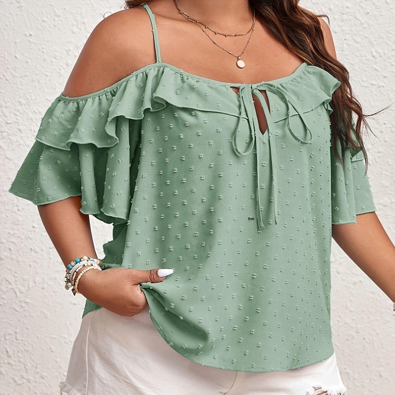 

Plus Size Ruffled Off-Shoulder Tie-Up Camisole Top for Spring/Summer L зелёный