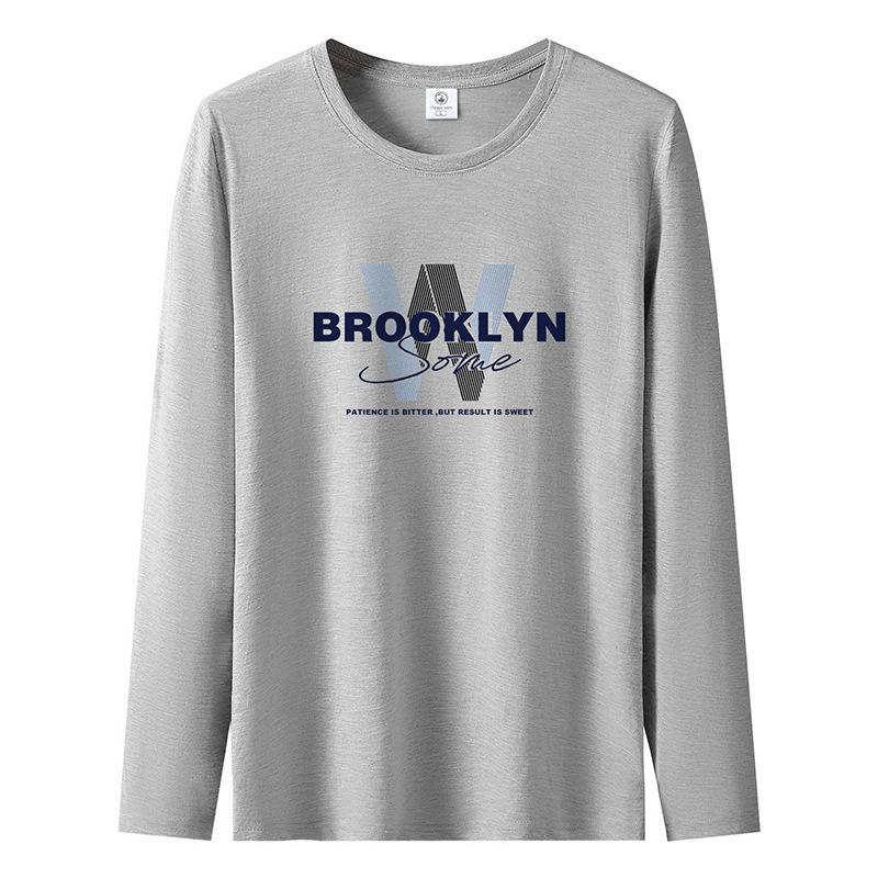 

W Pattern Plus Size Mens Long Sleeved T-shirt Pure Cotton Man Casual Pullover S-5XL S світло-сірий колір