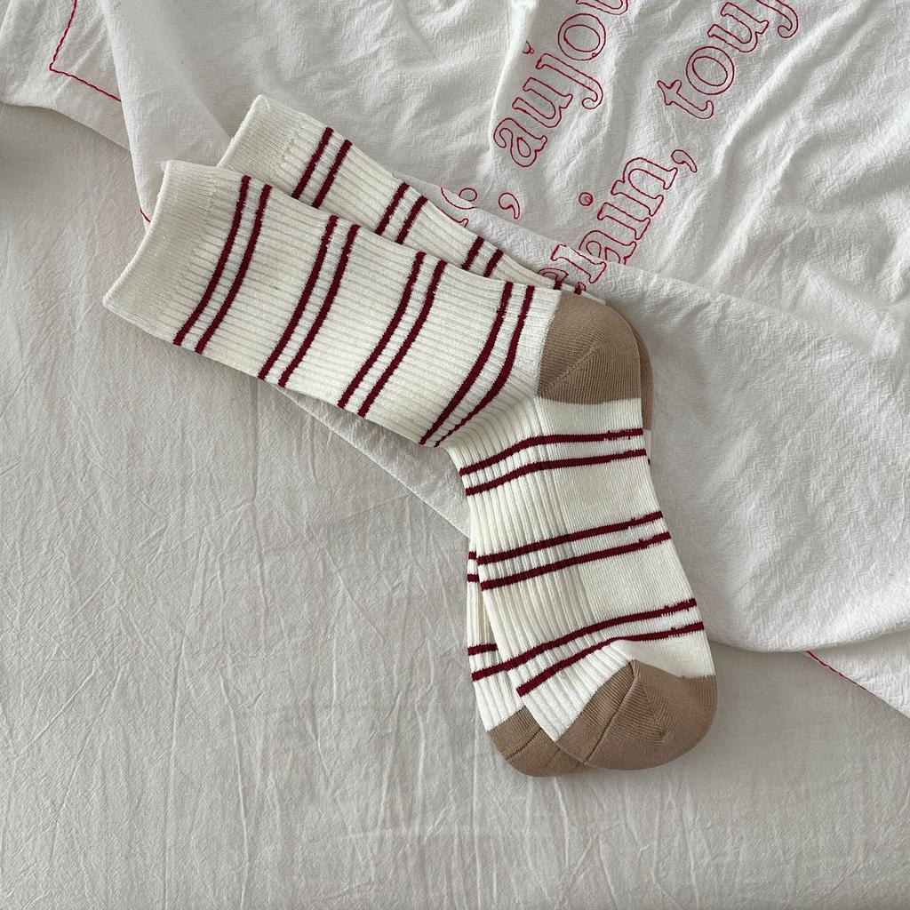 Korean Double Needle Striped Cotton Socks Autumn Retro Sports Stockings Piled Up Socks With Socks Stripes