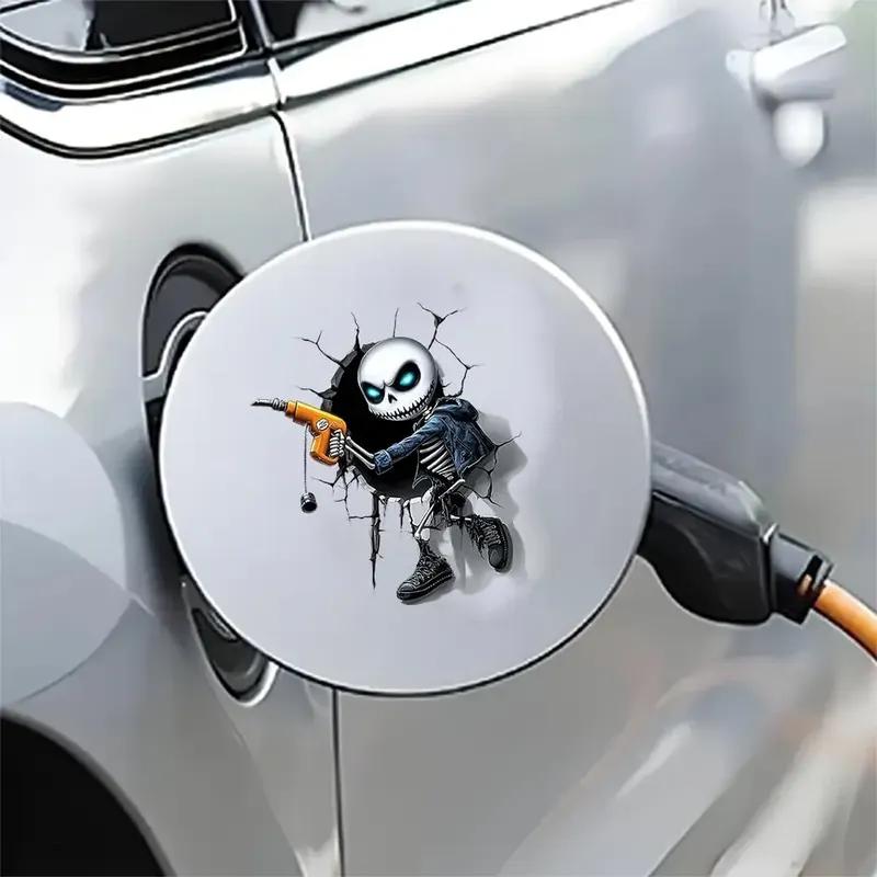 1PC Skull Car Fuel Tank Cap Sticker Funny Crack Skeleton Design Waterproof Vinyl Gas Cap Decal for Auto Decor