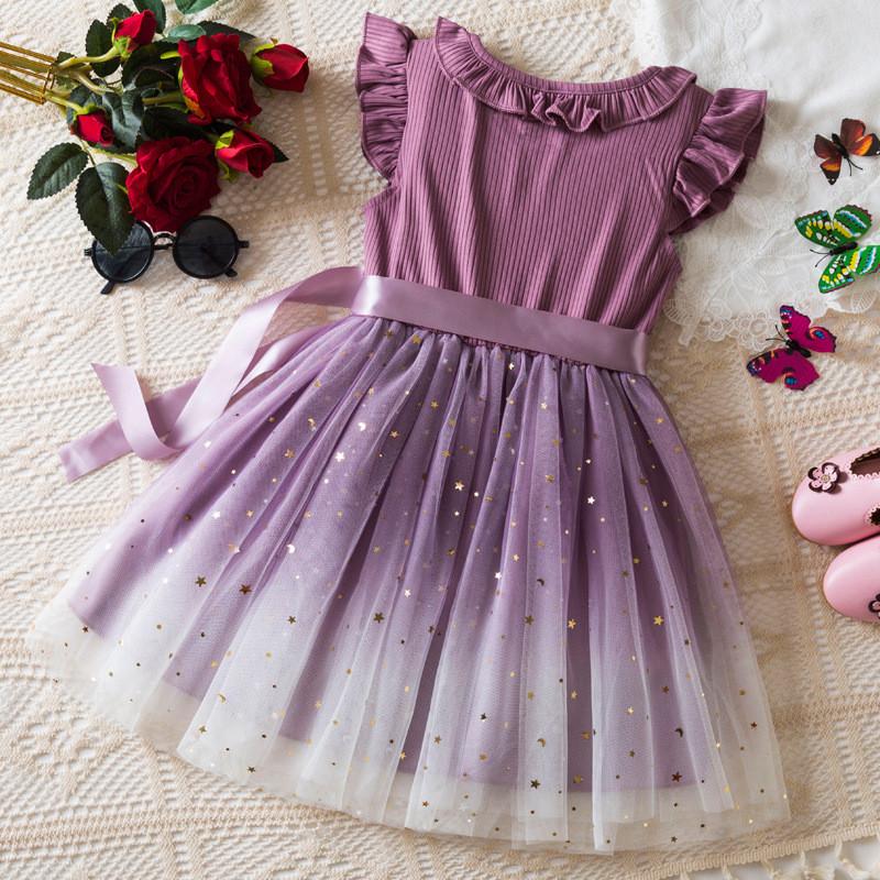 Princess Girl Summer Dress With Glitter Star Sequins And Pleated Cotton Blend