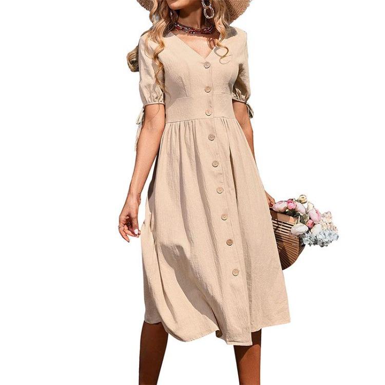 2024 Summer Women's Cotton Linen V-Neck Short Sleeves Buttoned Dress European American Style