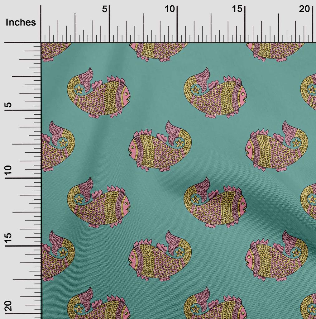 oneOone Cotton Flex Fabric Fish Block Printed Fabric 1 Yard 40 Inch Wide