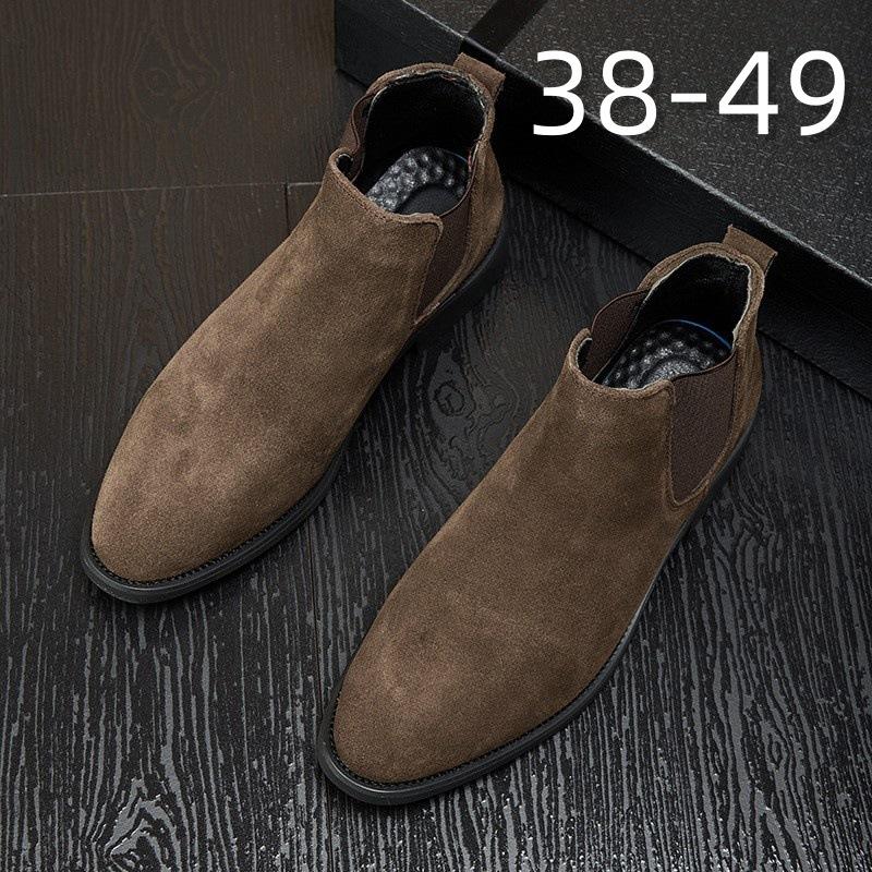 Large Size Chelsea Boots Men's Summer Breathable British Style Pointed Fur Short Boots High Top Leather Shoes Medium Top Martin Boots