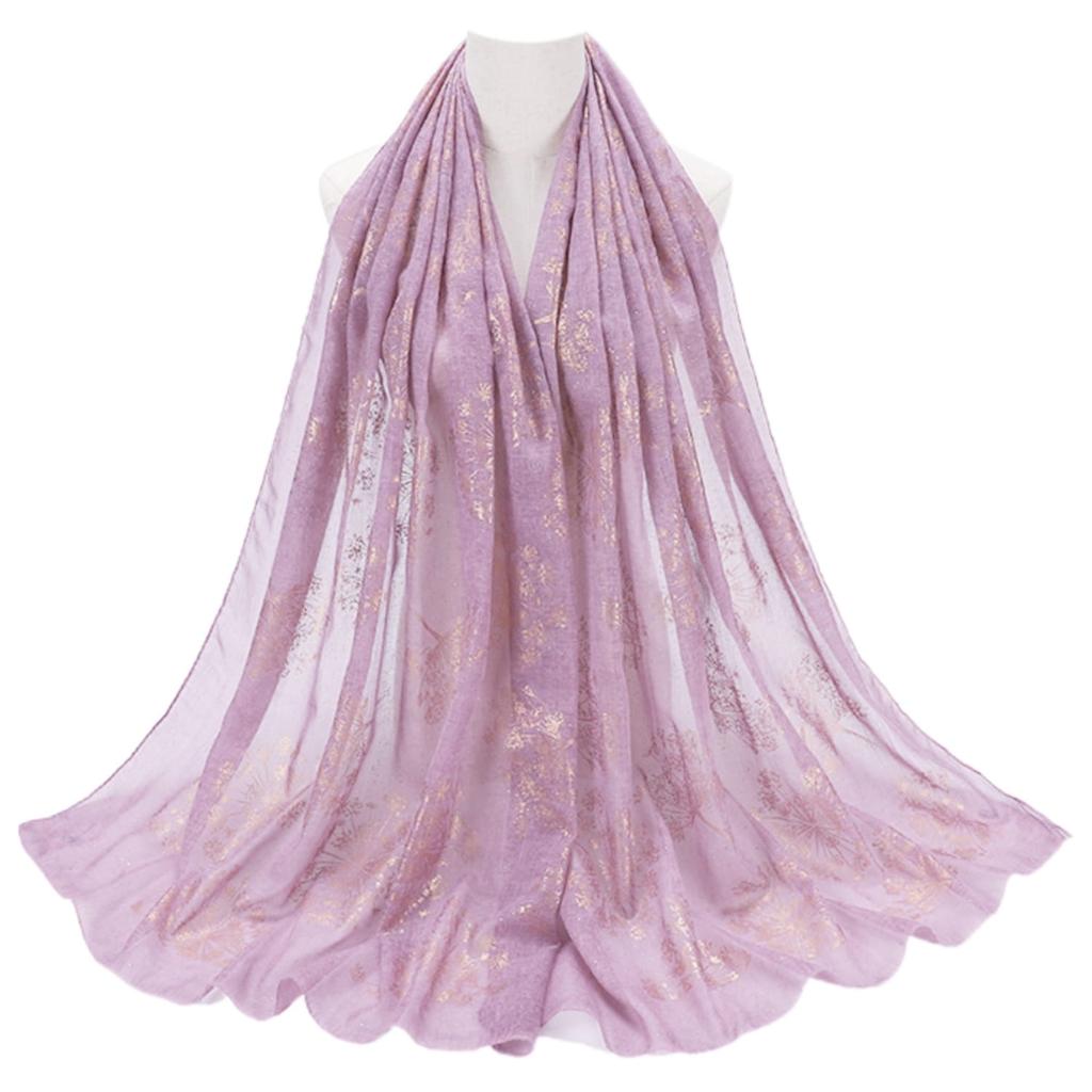 Shawl 180x70cm Golden Flower Headscarf Hijab Decorated with Golden Flowers in Lilac Color
