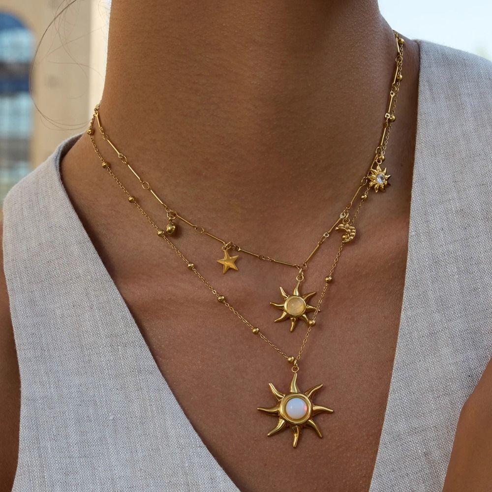 Bohemian 18K Gold Plated Necklace Stainless Steel Double Stacked Neck Chain Sun Pendant  Beach