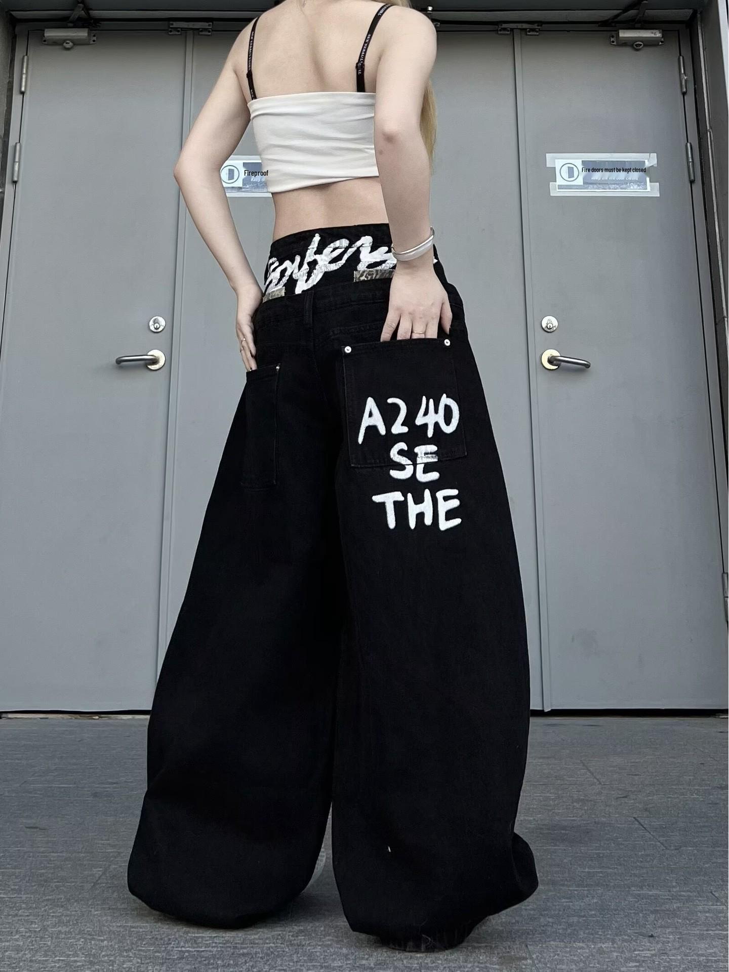 Women s Retro Hip Hop Patchwork Black Scythe Jeans - Double Waistband, Winter Loose Fit, Straight Leg Cargo Pants 3XL
