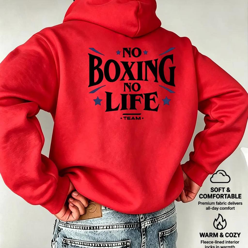 Men Vintage Boxing Slogan NO BOXING NO LIFE Star Graphic Back Print Hooded Sweatshirt Casual Loose Unisex Grey Hoodie