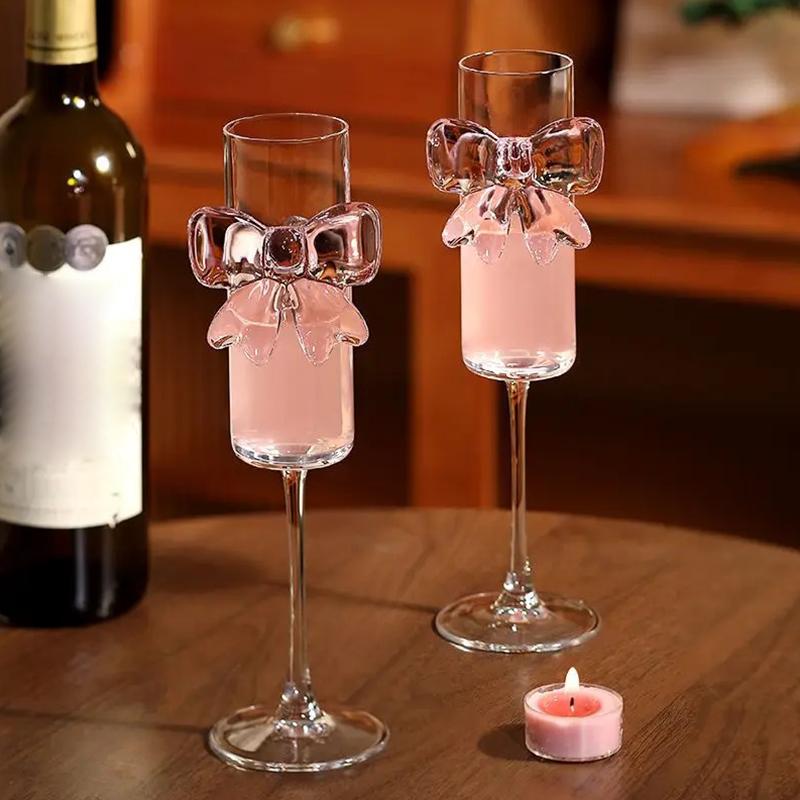 Creative Pink Bow Champagne Tall Wine Glasses Sparkling Wine Glasses For Family Party Holiday And Wedding