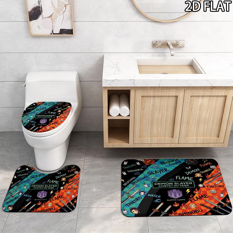 Demon Slayer Art 3Pcs Flannel Toilet Mat Set Bathroom Rug Bath Carpet Non Slip Home Decor Toilet 3 Pcs Bathroom Textile Set