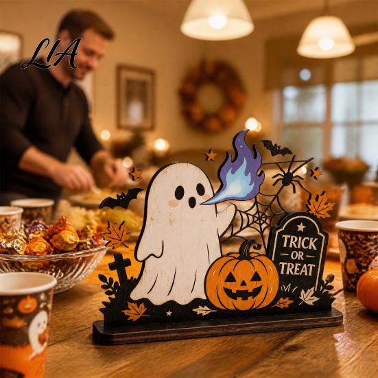 Festive Entryway Countertop Accents Halloween Ghost Ornaments with Pumpkin Tombstone and Bat Elements, Wooden Gift for Home Decor Tabletop Decorations