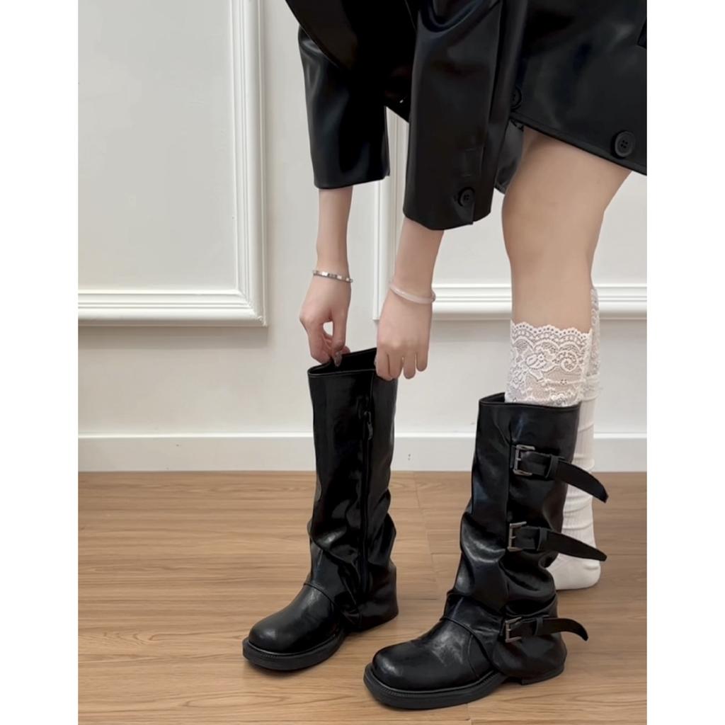 Verze ovčí kůže~ Kožené Niche Retro Skládané Boty na silné platformě Dámské střední boty Boty s širokým svrškem Rytířské boty Westernové boty