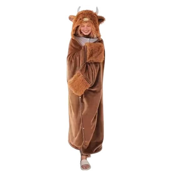 Manta Acondicionada Acogedora Sudadera Portátil de Halloween, Capa de Vaca de las Highlands con Capucha, Suave Regalo para Ella Perezoso de Peluche Capa de Gato Negro Ropa de Casa para Mujer