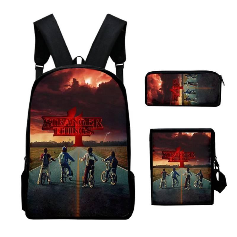 Anime Style Three-piece Backpack Set For Kids With Geometric Pattern And Pencil Case