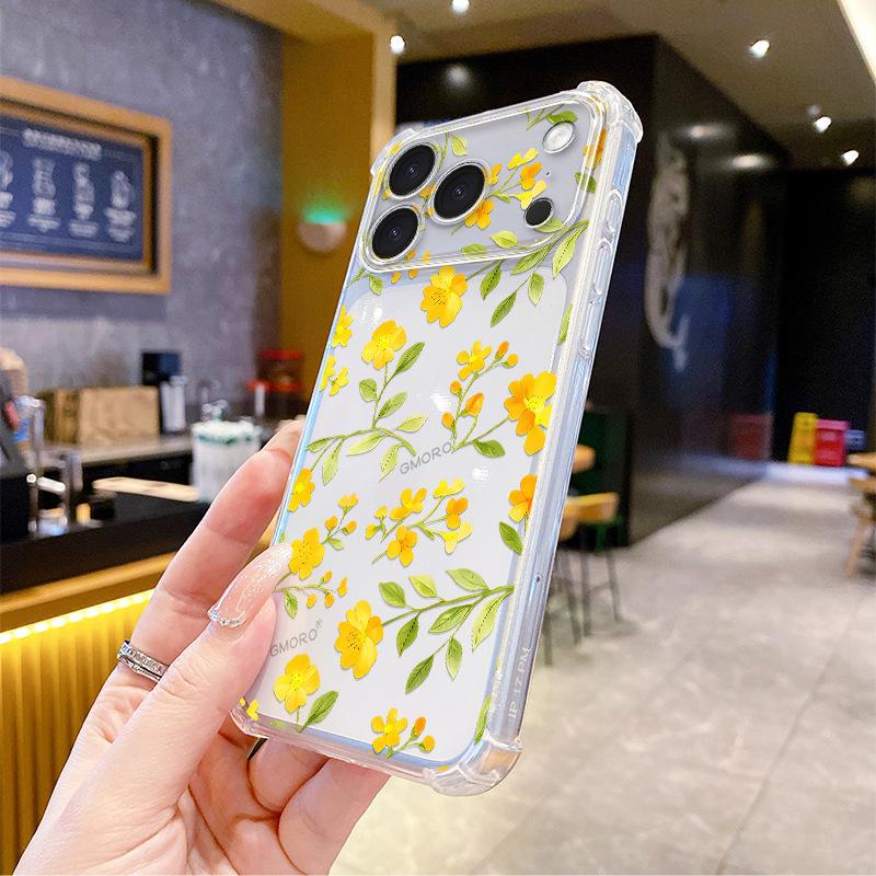 Creative Isn't the Yellow Flower Apple 14Pro Mobile Phone Case Four Corners Anti-drop Transparent iPhone17 Ultra-thin Protective Case