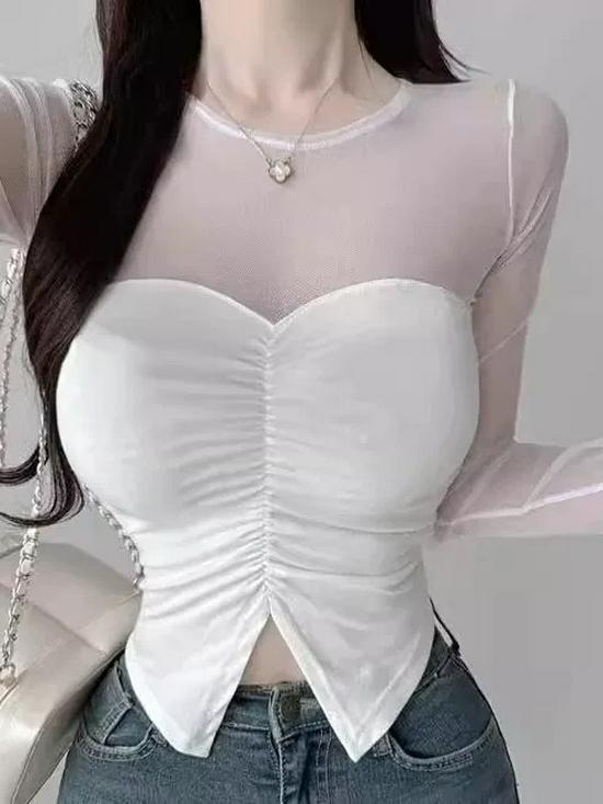 2026 Spring/Summer Women's Slim Mesh Layer Round Neck Long Sleeve Top