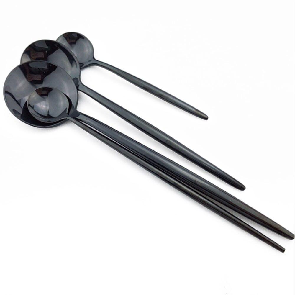 Langt skaft iskrem teskje 1 stk 18/10 rustfritt stål svart middagsdessertskje Bestikksett Bestikksett Sølvtøysett