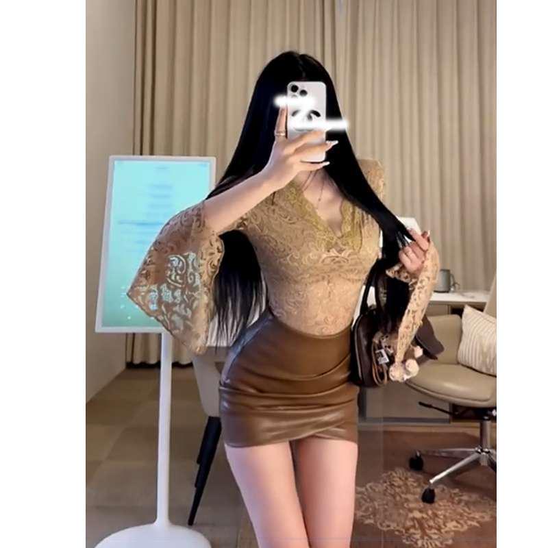 

Американский пикантный женский осенний облегающий топ с V-образным вырезом, кружевными длинными рукавами Medium хаки