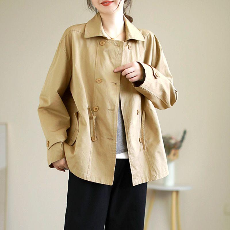 Fashion Loose Drawstring Trench Coat Double-Breasted Casual Loose Short Jacket Women's Cotton Top Spring Autumn