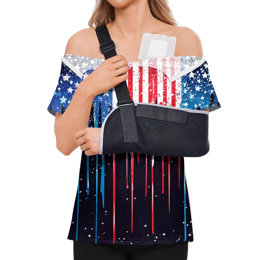Women's Post-operative Short-sleeved Color Shirt With Shoulder Zipper And Side Closure.